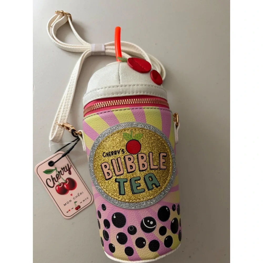 Mon Cheri NYC Cherry Bubble Tea Crossbody Bag Novelty Boba Cup Purse White Pink